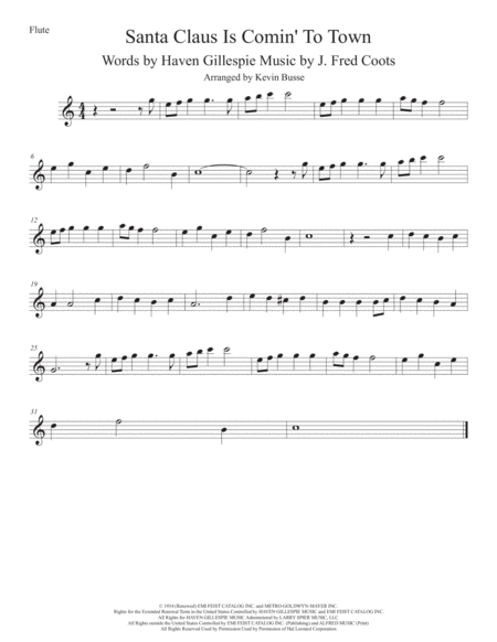 Santa Claus Is Comin To Town Original Key Flute Sheet Music