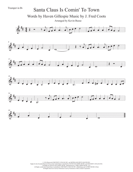 Santa Claus Is Comin To Town Original Key Trumpet Sheet Music