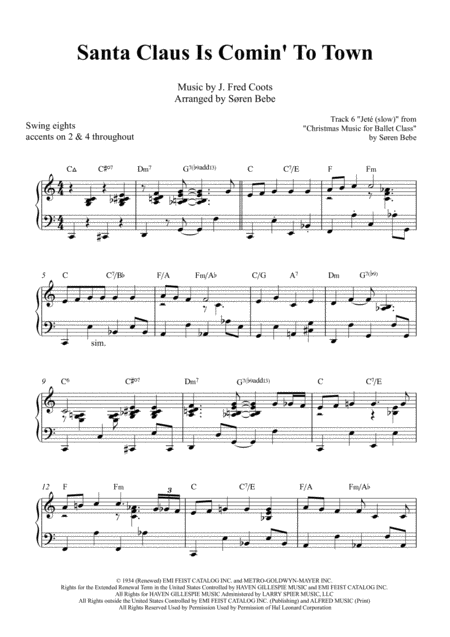 Santa Claus Is Comin To Town Solo Piano Easy Jazz Sheet Music