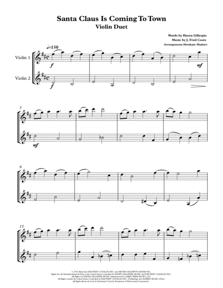 Santa Claus Is Comin To Town Violin Duet Sheet Music