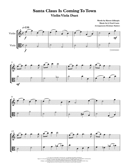 Santa Claus Is Comin To Town Violin Viola Duet Sheet Music