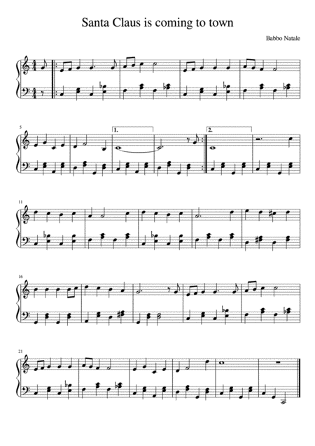 Santa Claus Is Coming To Town Easy Piano Solo Sheet Music