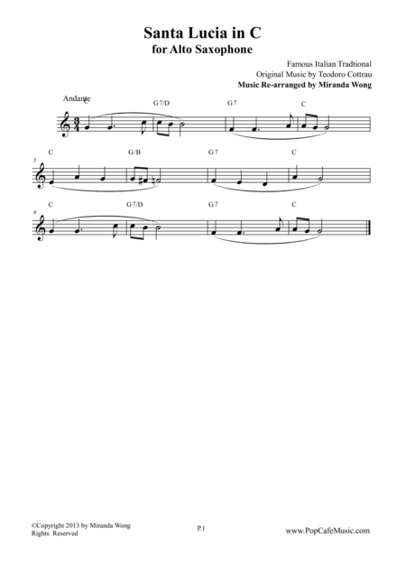 Free Sheet Music Santa Lucia In C Alto Saxophone Solo