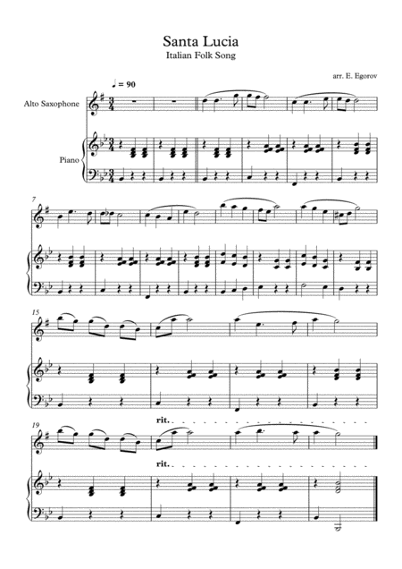 Santa Lucia Italian Folk Song For Alto Saxophone Piano Sheet Music