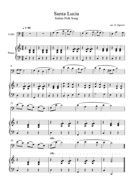 Free Sheet Music Santa Lucia Italian Folk Song For Cello Piano