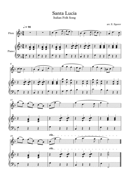 Santa Lucia Italian Folk Song For Flute Piano Sheet Music