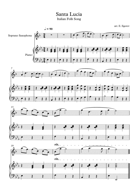 Santa Lucia Italian Folk Song For Soprano Saxophone Piano Sheet Music