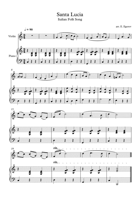 Santa Lucia Italian Folk Song For Violin Piano Sheet Music