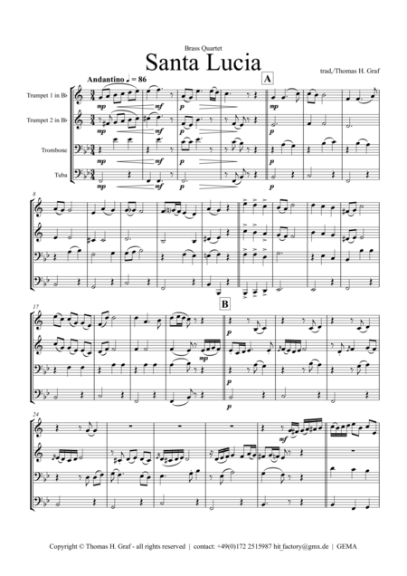 Free Sheet Music Santa Lucia Italian Folk Song Here In The Twighlight Brass Quartet