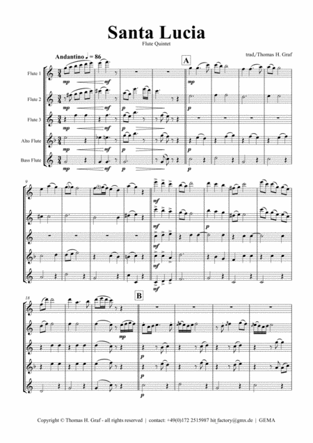 Santa Lucia Italian Folk Song Here In The Twighlight Flute Quintet Sheet Music