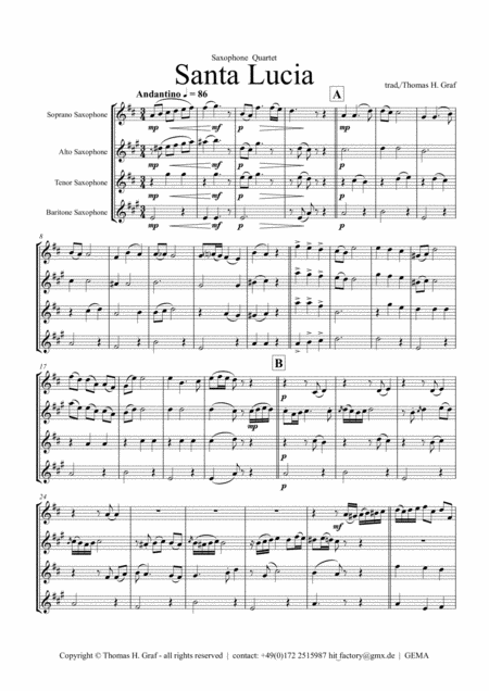 Santa Lucia Italian Folk Song Here In The Twighlight Saxophone Quartet Sheet Music