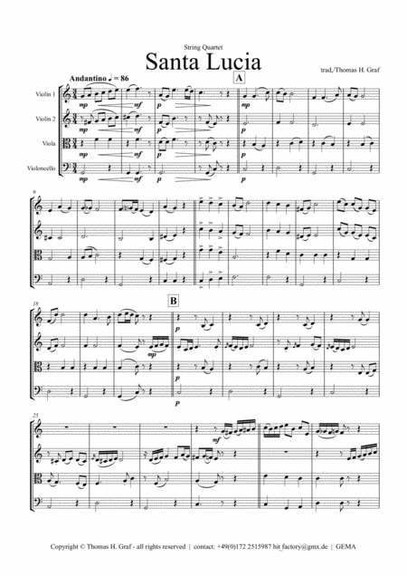 Free Sheet Music Santa Lucia Italian Folk Song Here In The Twighlight String Quartet