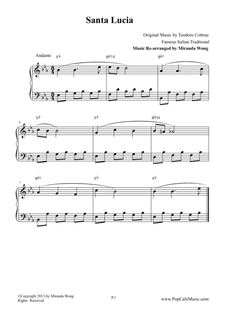 Santa Lucia Piano Solo In Eb Key Sheet Music