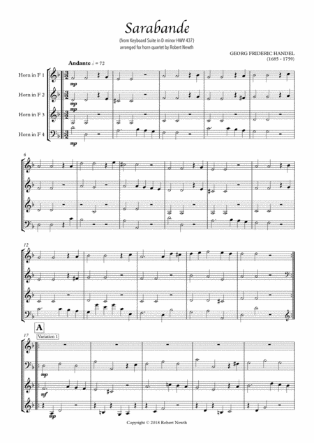 Sarabande From Keyboard Suite In D Minor Hwv 437 For Horn Quartet Sheet Music