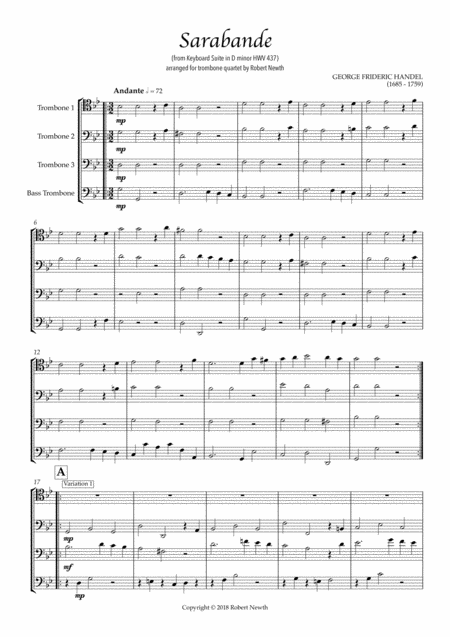 Sarabande From Keyboard Suite In D Minor Hwv 437 For Trombone Quartet Sheet Music