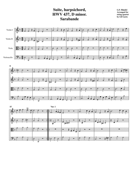 Free Sheet Music Sarabande From Suite Hwv 437 In D Minor Arrangement For String Quartet