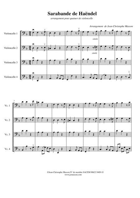 Free Sheet Music Sarabande Haendel For 4 Celli Score And Parts Jcm 2009