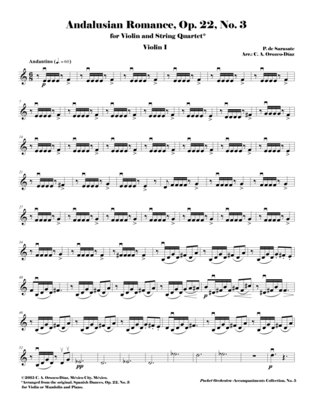 Free Sheet Music Sarasate Andalusian Romance Op 22 No 3 Arrangement For Violin And String Quartet Parts