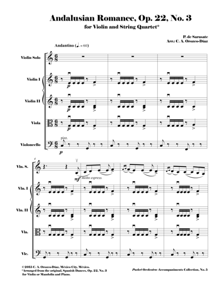 Free Sheet Music Sarasate Andalusian Romance Op 22 No 3 Arrangement For Violin And String Quartet Score
