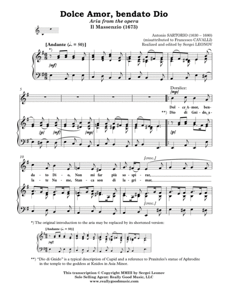 Sartorio Antonio Dolce Amor Bendato Dio Aria From The Opera Il Massenzio Arranged For Voice And Piano E Minor Sheet Music