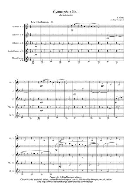 Satie Gymnopdie No 1 Clarinet Quintet Sheet Music