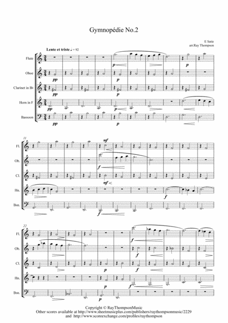 Free Sheet Music Satie Gymnopdie No 2 Wind Quintet