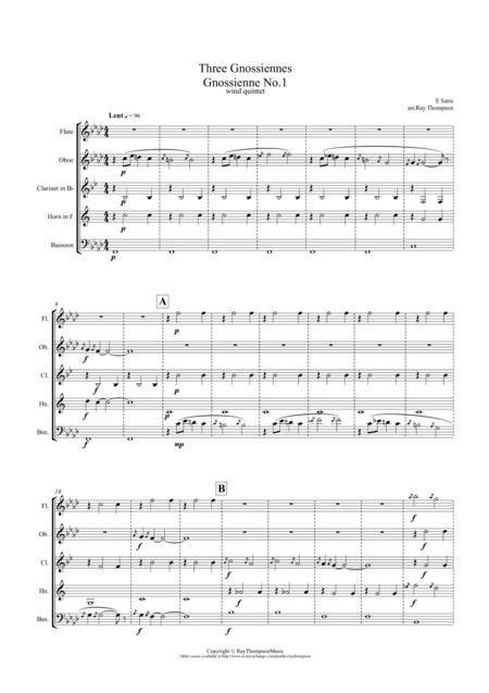 Satie Trois Three Gnossiennes Nos 1 2 3 Wind Quintet Sheet Music