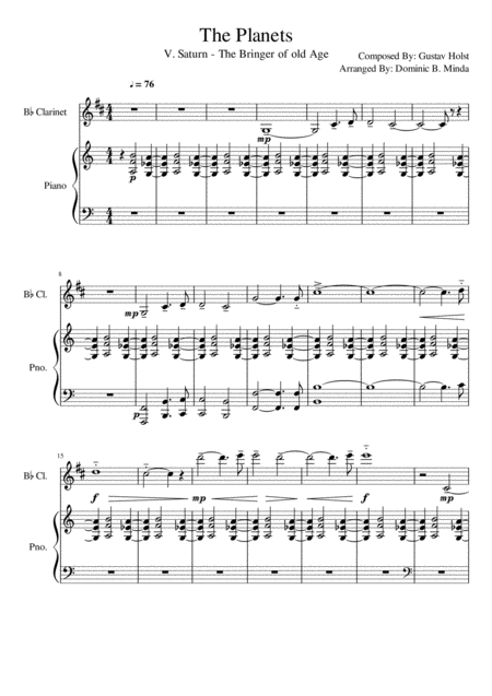 Saturn From The Planets For Clarinet And Piano Sheet Music