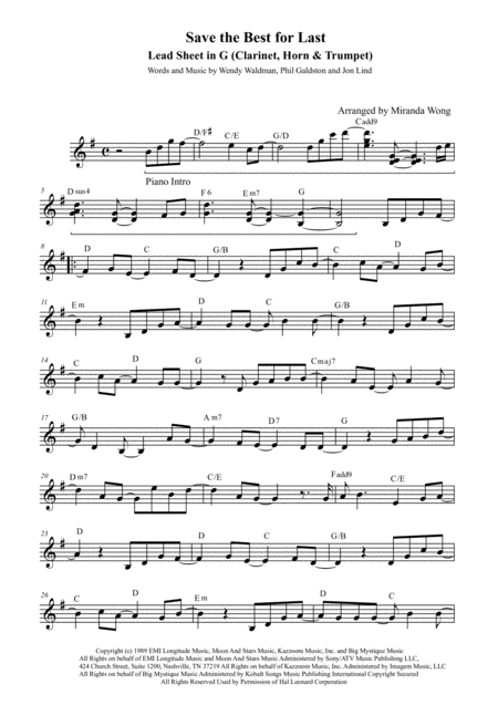 Free Sheet Music Save The Best For Last Clarinet Horn Or Trumpet Solo