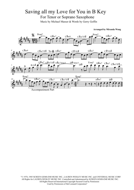 Saving All My Love For You Lead Sheet In B Key With Chords Sheet Music