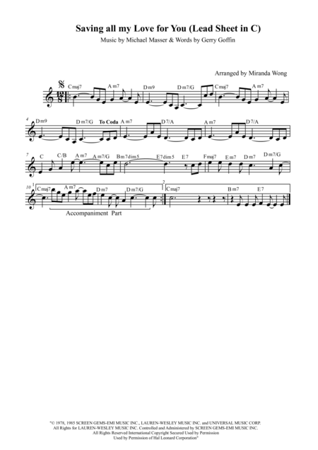 Saving All My Love For You Lead Sheet In C Key With Chords Sheet Music