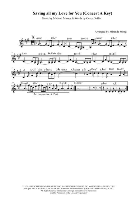 Saving All My Love For You Lead Sheet In Published A Key With Chords Sheet Music