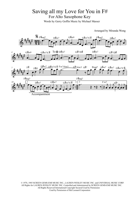 Free Sheet Music Saving All My Love For You Saxophone Solo