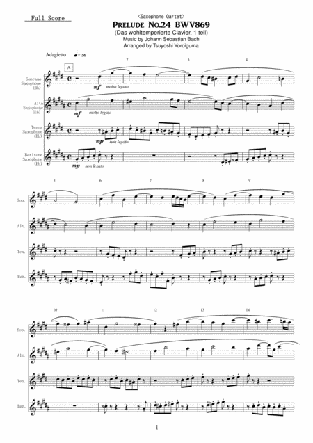 Saxophone Qartet Prelude No 24 Bwv869 Sheet Music