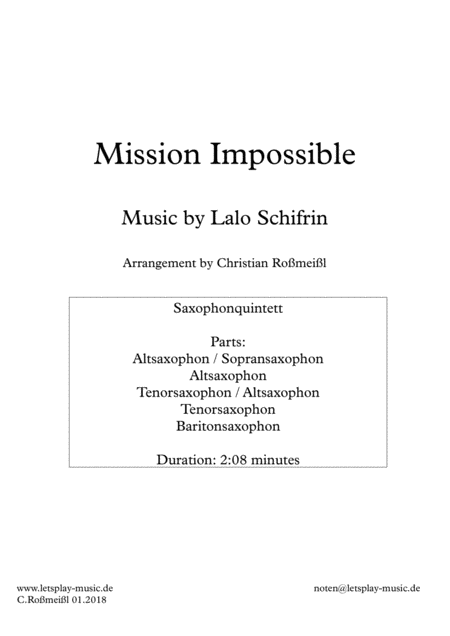 Saxophonquintett Mission Impossible Theme From The Paramount Television Series Mission Impossible Sheet Music