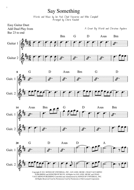 Say Something Beginner Guitar Duet Sheet Music