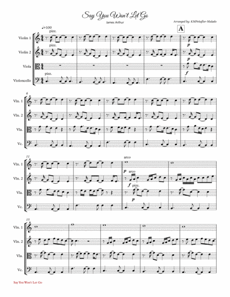 Say You Wont Let Go By James Arthur String Quartet Sheet Music