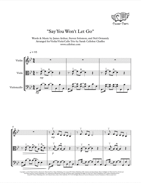 Say You Wont Let Go String Trio Violin Viola Cello James Arthur Arr Cellobat Sheet Music