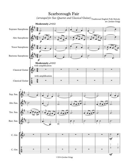 Scarborough Fair Arranged For Sax Quartet And Classical Guitar Sheet Music