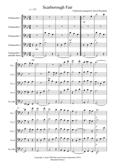 Scarborough Fair For Cello Quintet Sheet Music