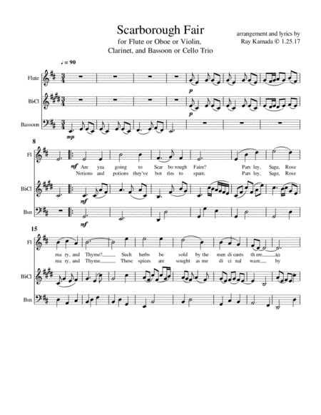 Scarborough Fair For Flute Oboe Violin B Flat Clarinet And Bassoon Or Cello Trio Sheet Music