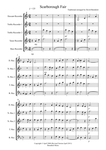 Scarborough Fair For Recorder Quintet Sheet Music