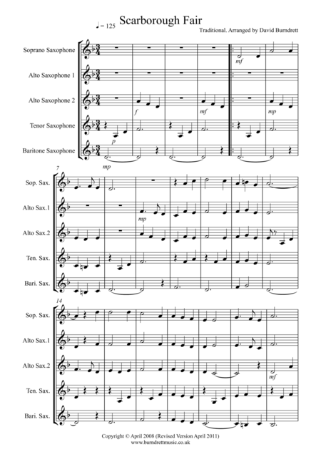 Scarborough Fair For Saxophone Quintet Sheet Music