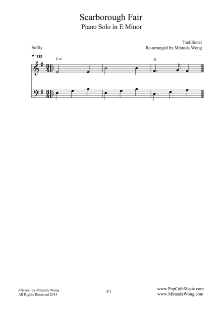 Scarborough Fair Piano Solo In E Minor Pop Version Sheet Music