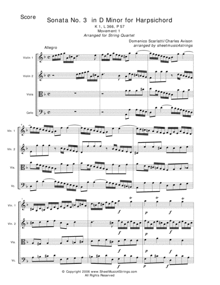 Scarlatti D Sonata No 3 For String Quartet Sheet Music