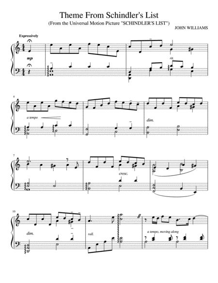 Schindlers List Easy Piano Solo Sheet Music