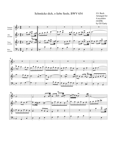 Schmcke Dich O Liebe Seele Bwv 654 From Leipzig Chorales Arrangement For 4 Recorders Sheet Music