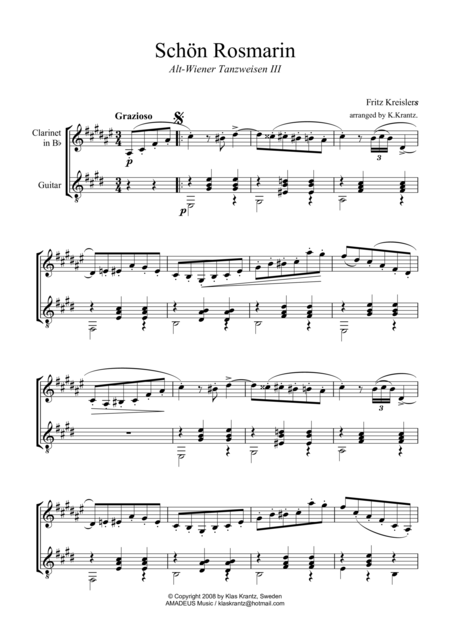 Free Sheet Music Schon Rosmarin For Clarinet In Bb And Guitar