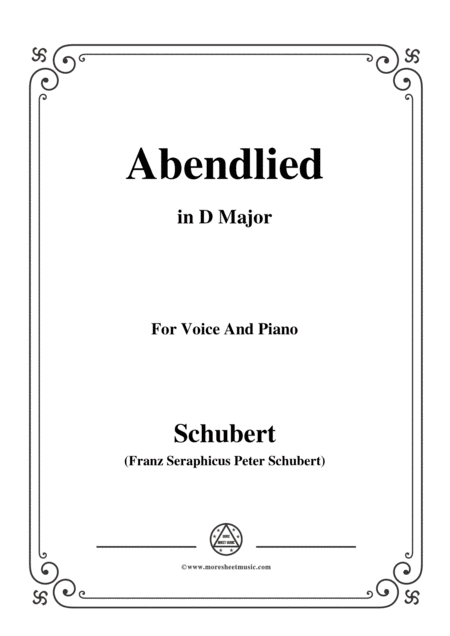 Schubert Abendlied Claudius In D Major For Voice And Piano Sheet Music