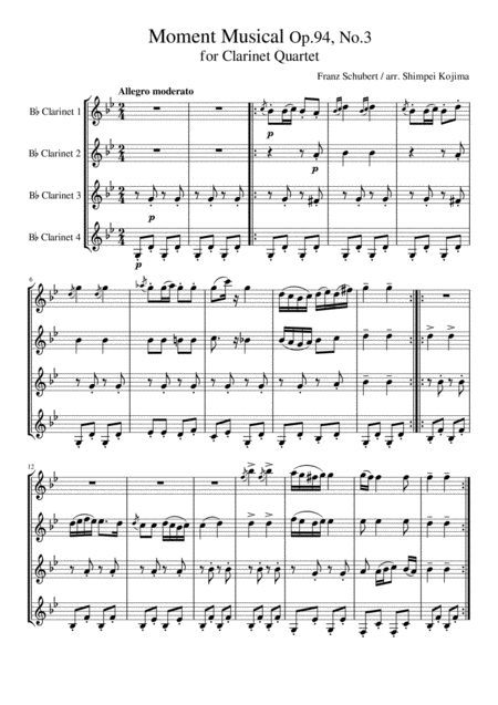 Free Sheet Music Schubert Moment Musical Moments Musicaux Op 94 No 3 For Clarinet Quartet